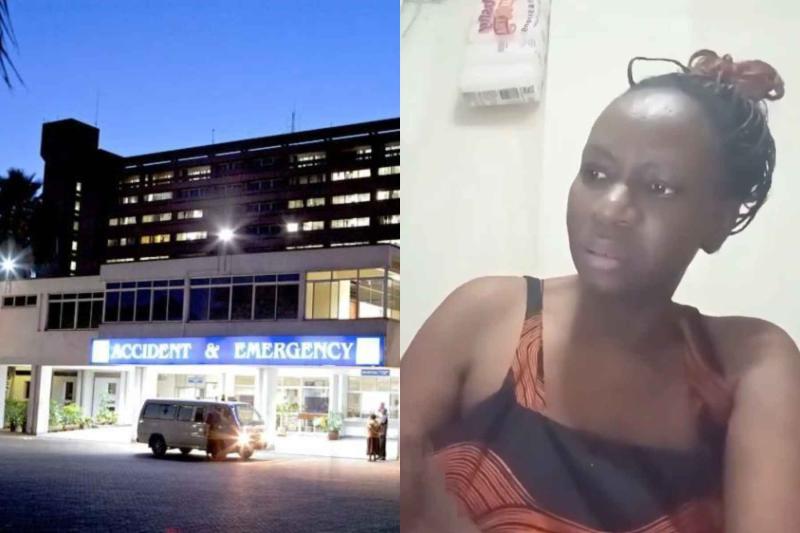 Collage photo of KNH and a patient criticizing the hospital.
